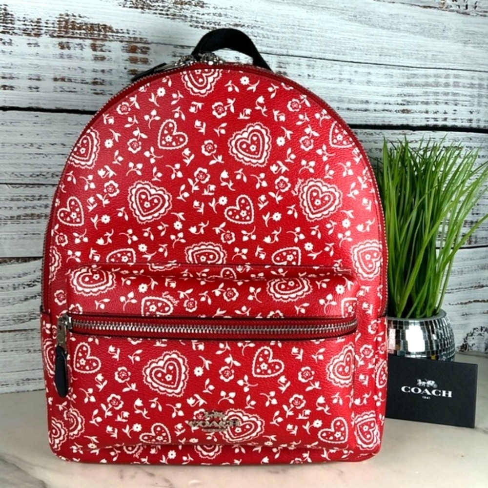 Coach Charlie Red White Lace Hearts‎ Floral Pattern Backpack Bag Work School